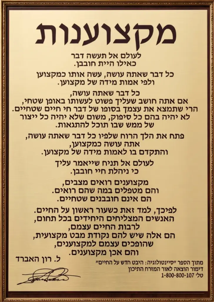 שלט עם טקסט בעברית בנושא מקצועיות, ובו חתימה ופרטי יצירת קשר בתחתיתו.