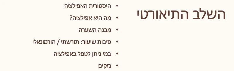 כותרת: השלב התיאורטי – רשימת נושאים בעברית בנקודות, המותאמת לעולם הלימודים והאקדמיה, על רקע בהיר.