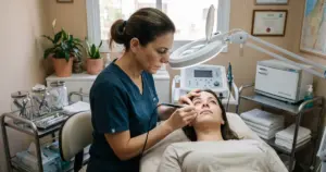 חדר טיפולים אסתטי מודרני עם ציוד אפילציה מתקדם, מוכן לטיפולי הסרת שיער לצמיתות.